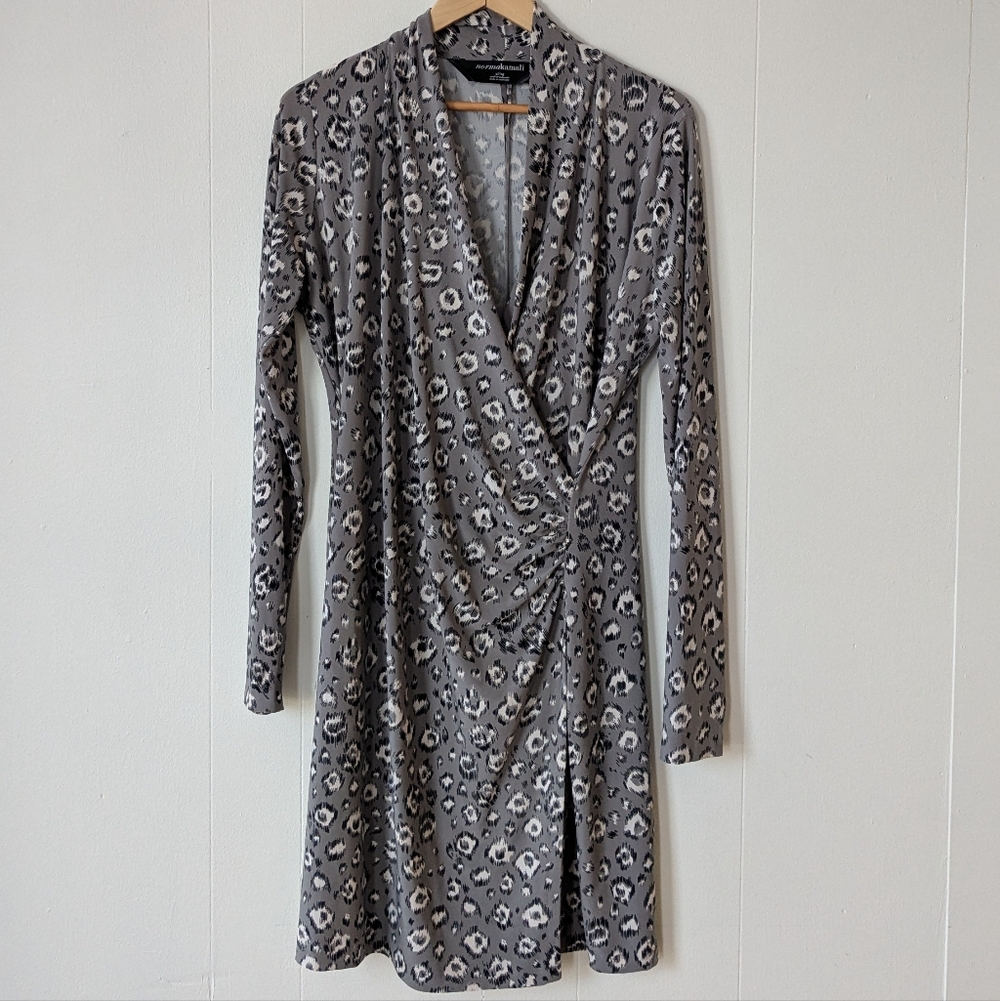 Norma Kamali Grey Leopard Print Faux Wrap Dress XL Extra Large Gray Animal